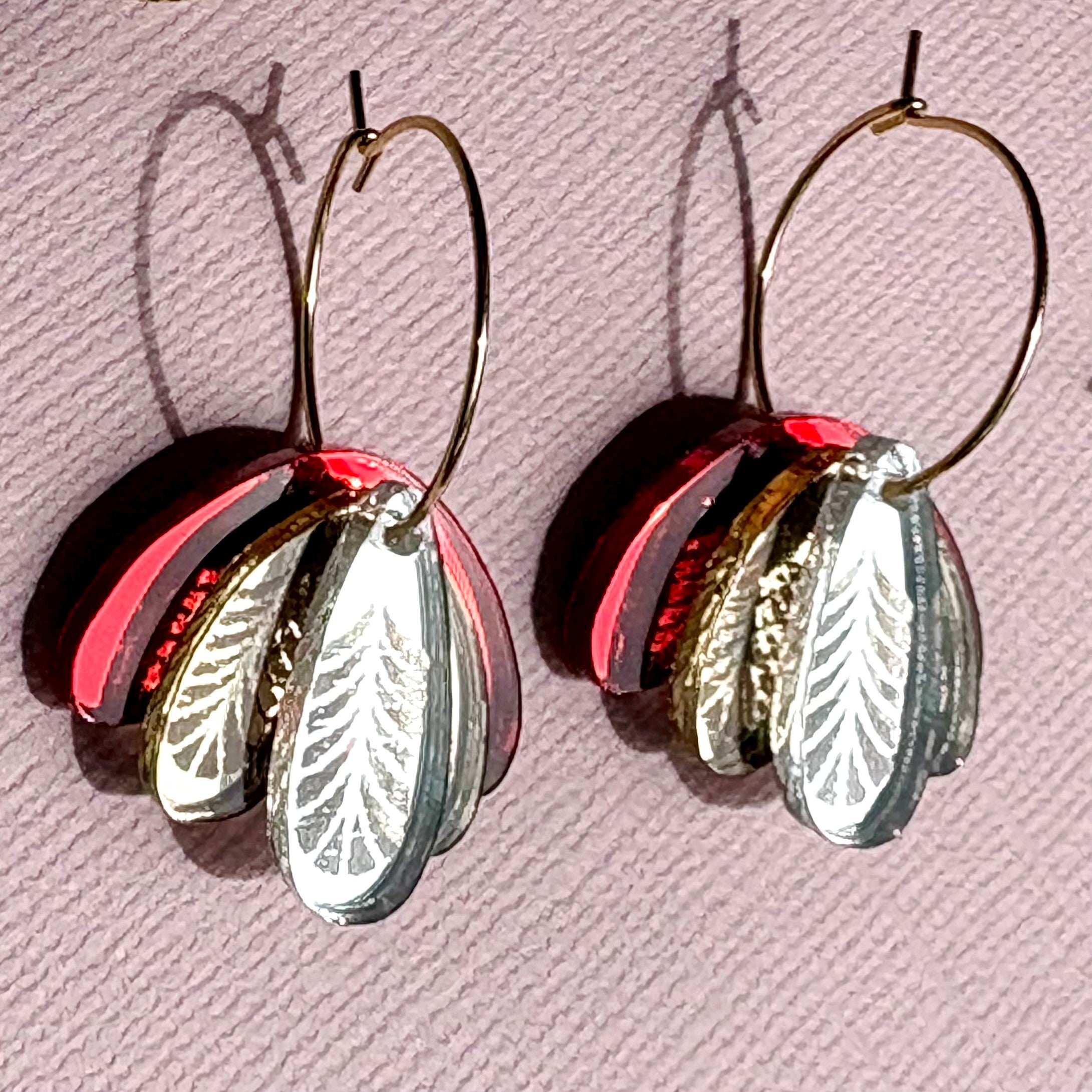 Christmas Earrings Fids Flower Red Gold and Silver