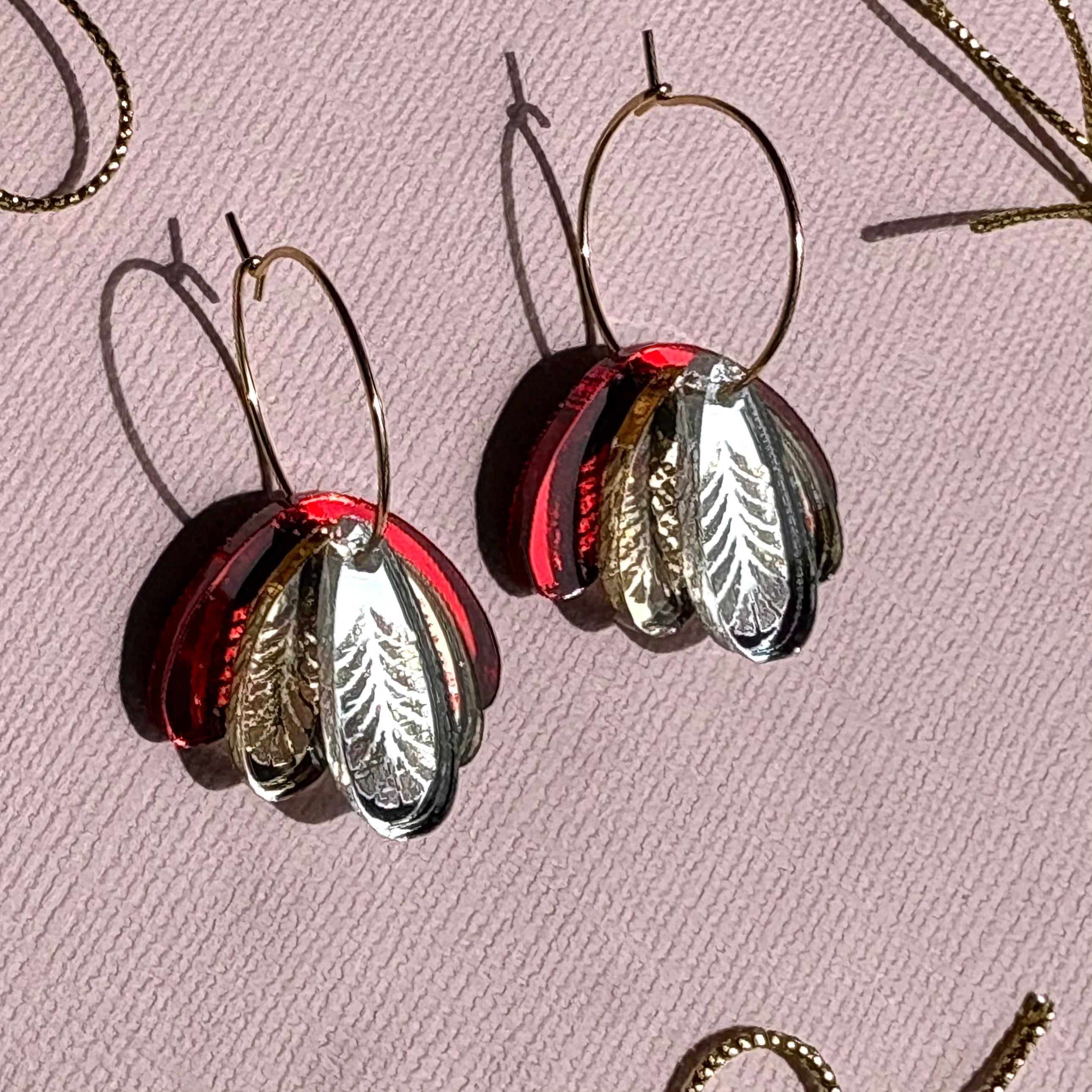 Christmas Earrings Fids Flower Red Gold and Silver