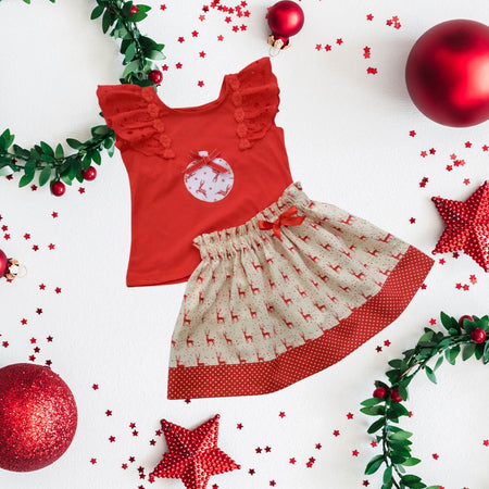 Girls' Christmas Skirt and Ruffle Top Set