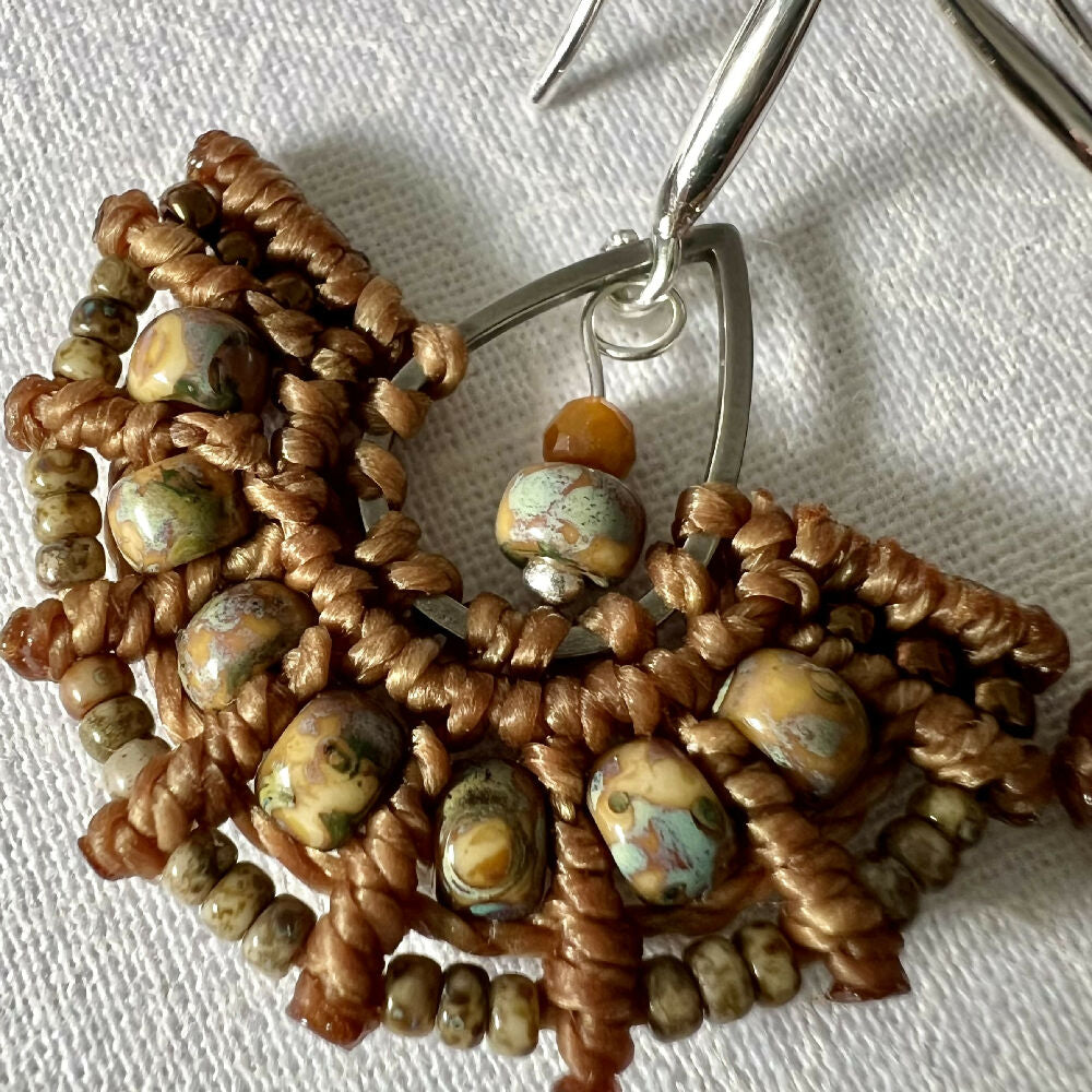 Brown Micro Macrame Earrings - Brown Miyuki +Free Microfibre Pouch