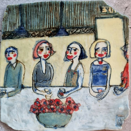 Ceramic Tile Artwork, Social Distancing at the Wine Bar, framed