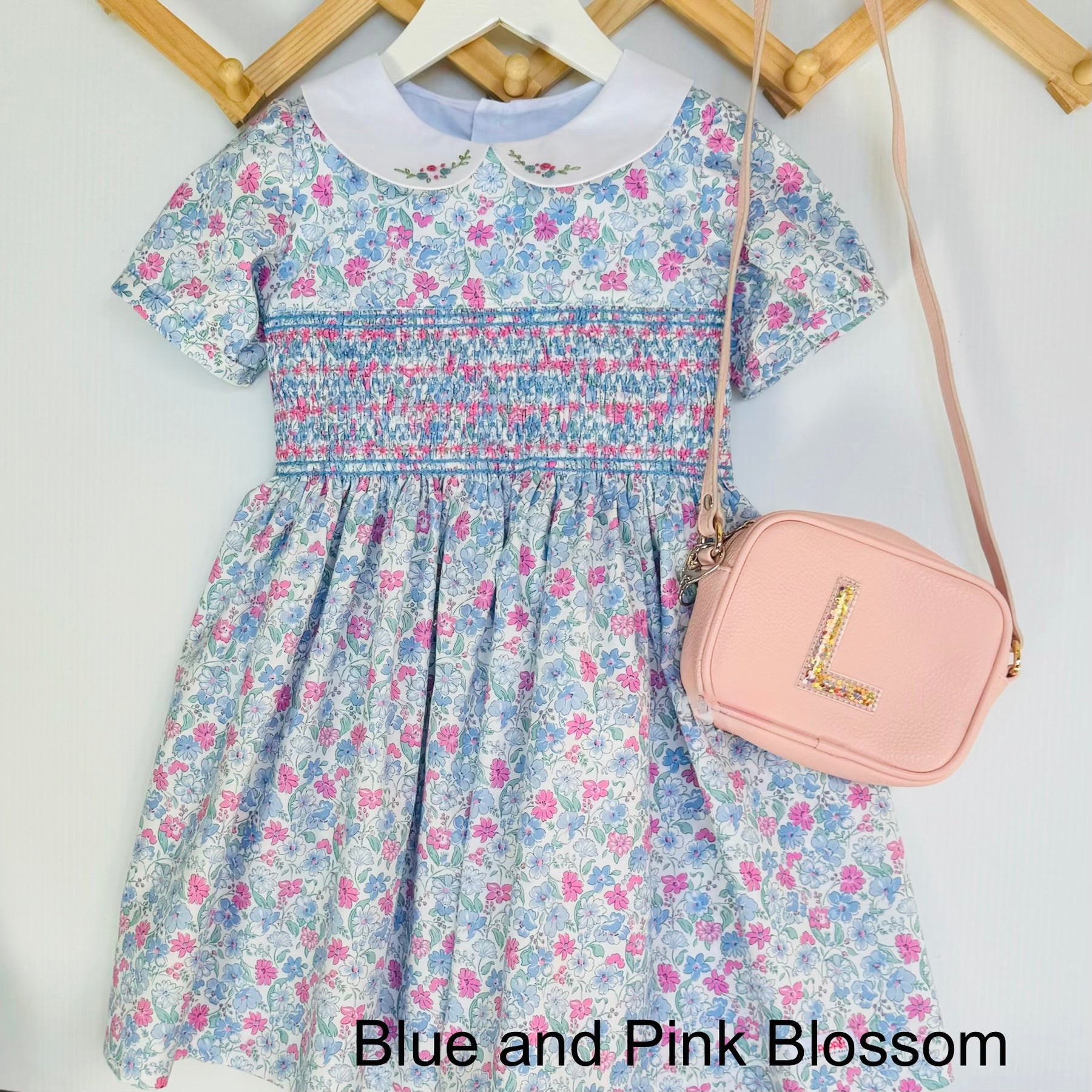 Liberty Smocked Dress with Hand Embroidered Collar in Blue and Pink