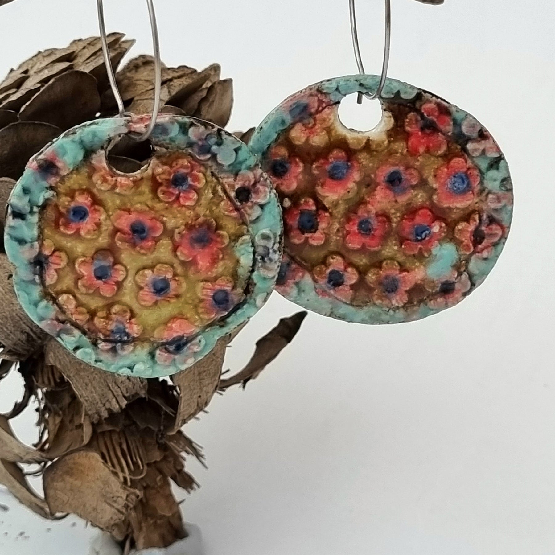 Handmade Stoneware Ceramic Earrings, pink-mustard-green multi-coloured, 35mm diameter, pierced ears