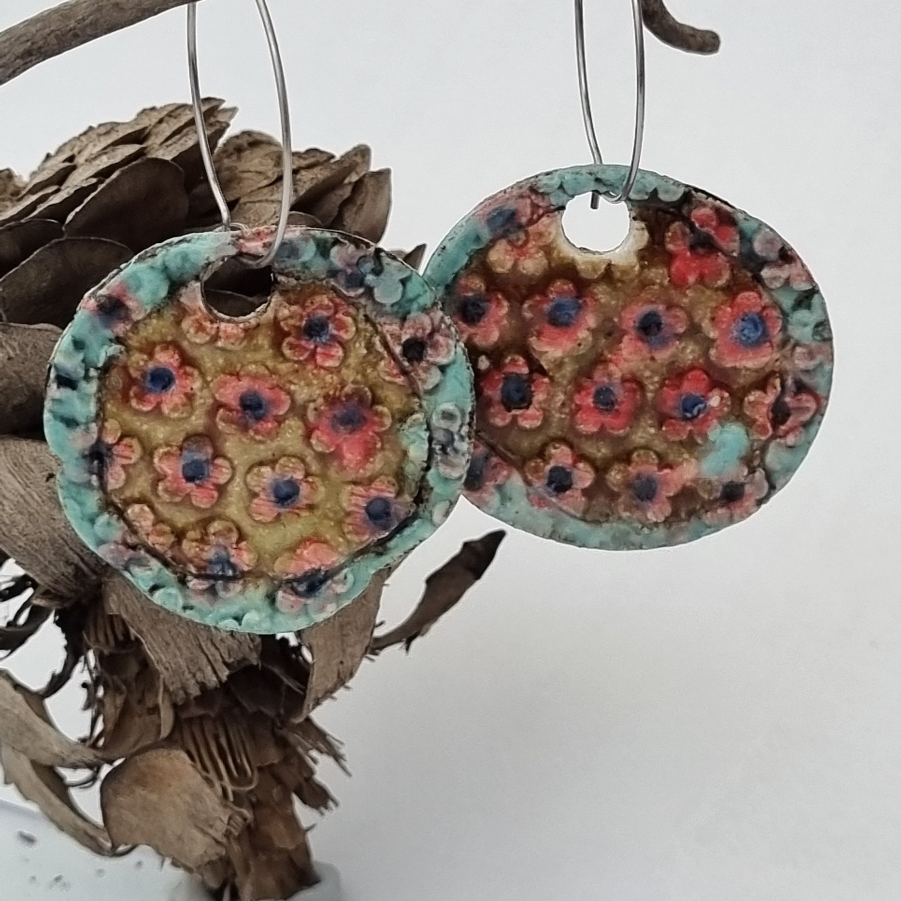 Handmade Stoneware Ceramic Earrings, pink-mustard-green multi-coloured, 35mm diameter, pierced ears