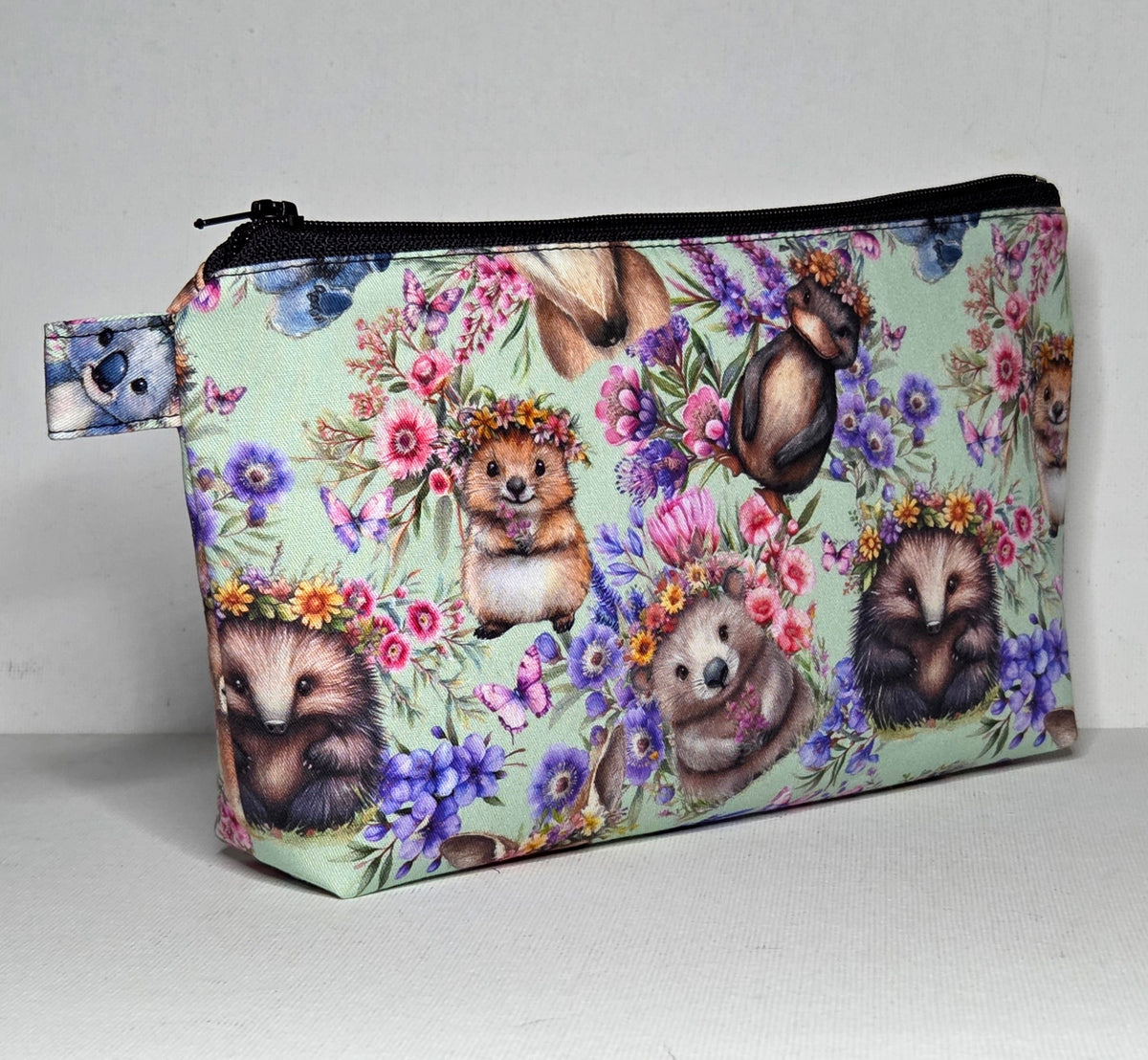 Zippered Pouch with Aussie Animals and Wildflowers, size Large