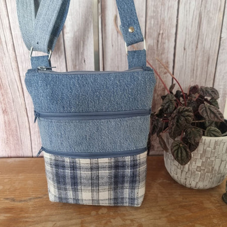 Upcycled triple zipped crossbody - denim and blue grey checked flannel