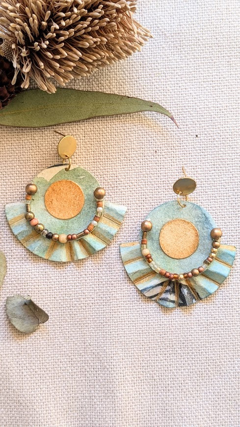 Sustainable Statement Earrings – Handcrafted Paper Fan with Beaded Detail