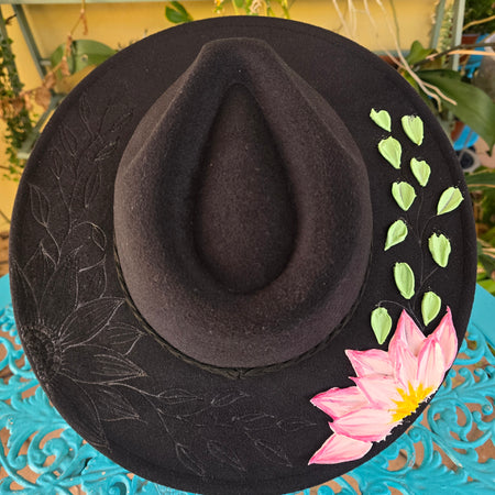 Textured hand burnt pyrography fedora hat - floral theme