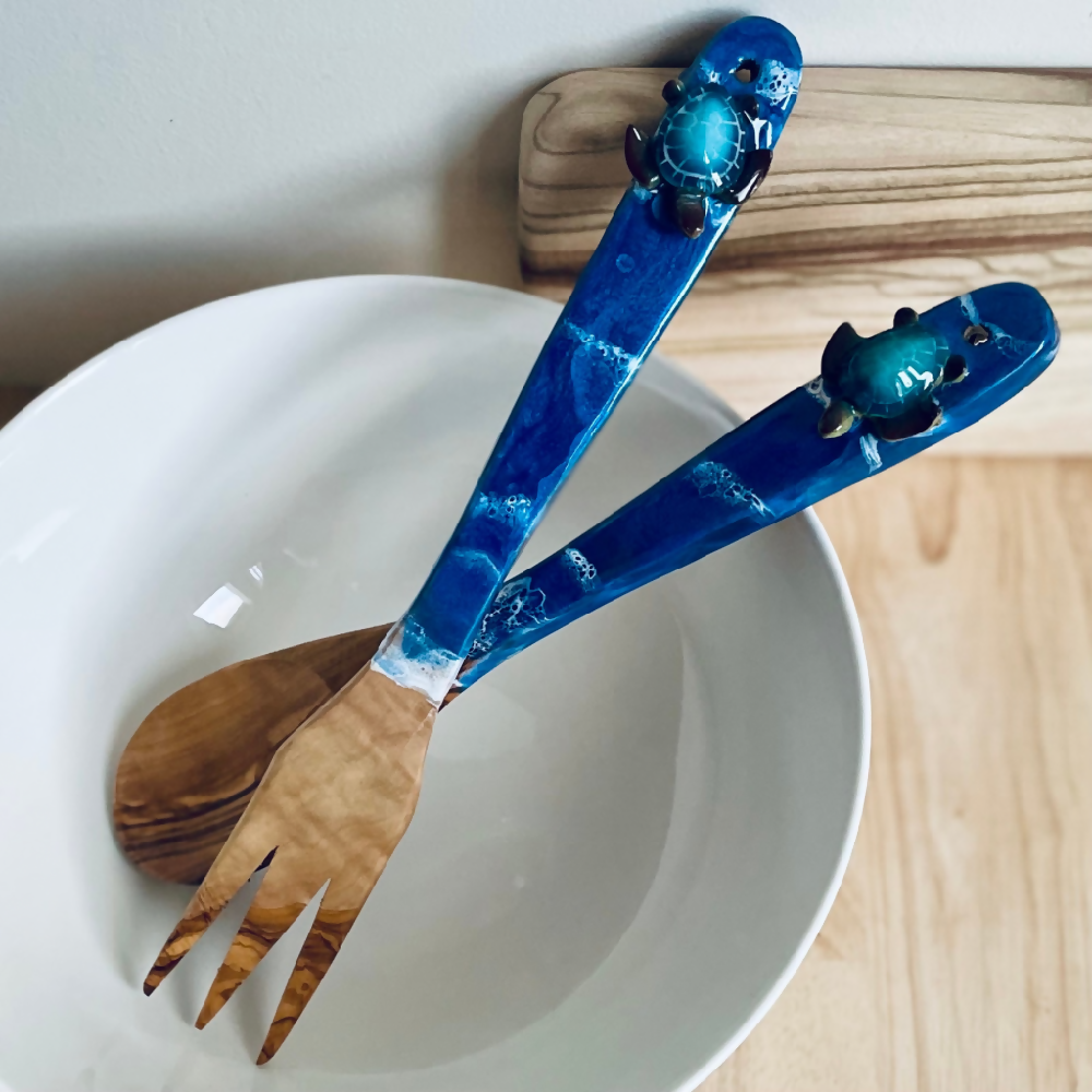 Ocean Turtle Wooden Salad Server Set