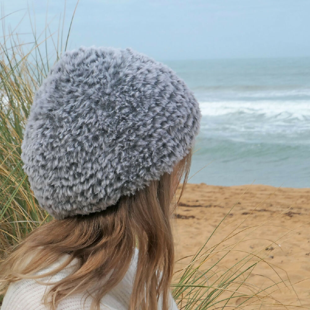 Adult beanie feature: "Teddy Soft," hand knit. Free shipping.