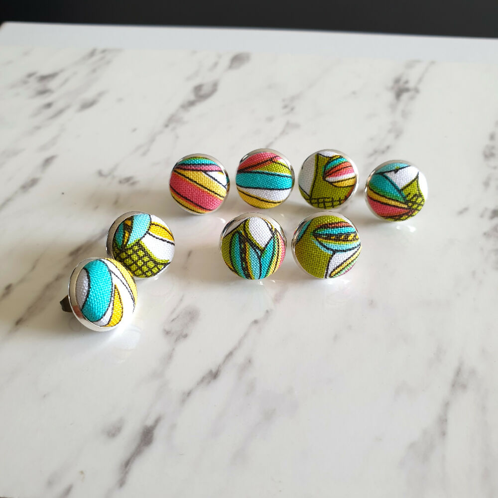 1.4cm Round Colourful Boho style cotton fabric Silver colour Cabochon stud earrings