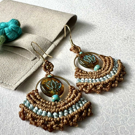 SOLD OUT- Lotus Micro Macrame Earrings Brown & Turquoise + Free Pouch