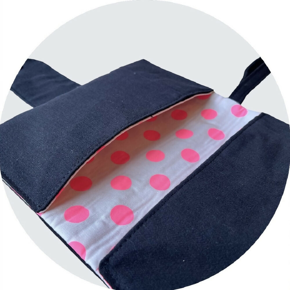 Upcycled Denim Nappy Wallet - Black and Pink Spots