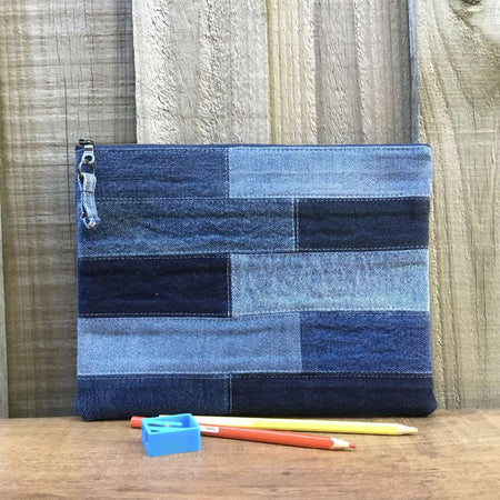 Upcycled Denim Pencil Case - Brick Patchwork