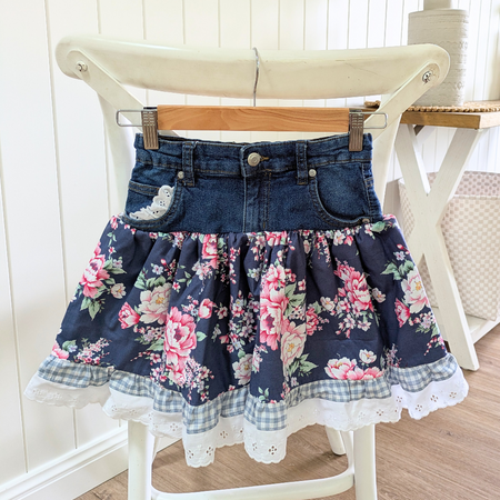 Girls skirt Upcycled Denim, Pink Floral, gingham and lace Size 7