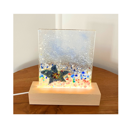 Handmade Fused Glass Art Pieces Inspired by the Australian Coastline, Stunning Starfish Design elegantly displayed on an LED light stand.