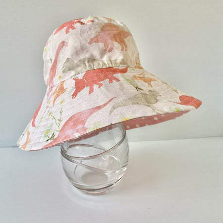 Summer hat in watercolour (pink) dinosaur fabric