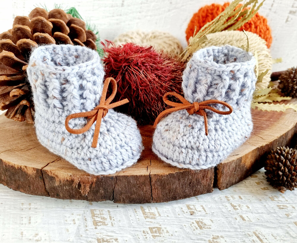 Baby Booties Blue/Grey Tweed Newborn Crochet Knit Shoes Socks