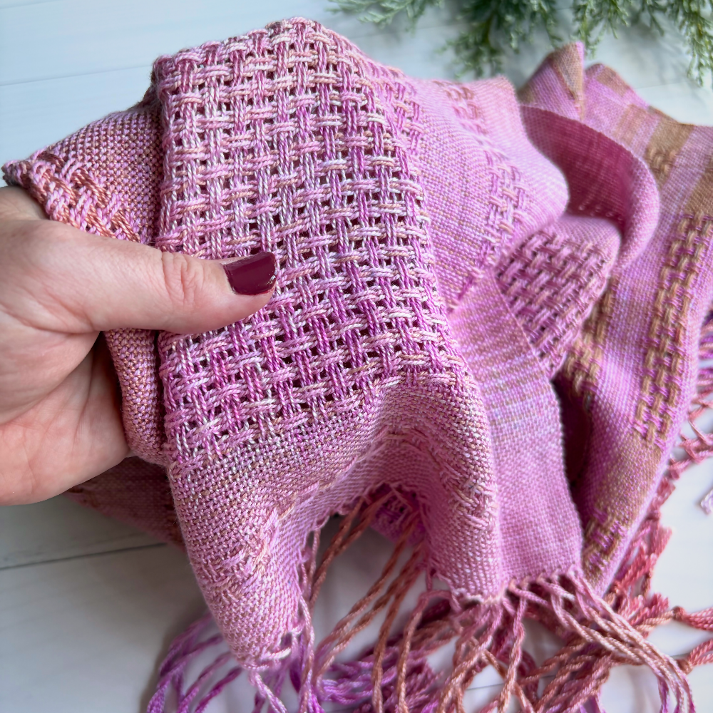 Light-pink-tencel-scarf-close-up-with-hand-handwoven-entangled-happiness-handwovens
