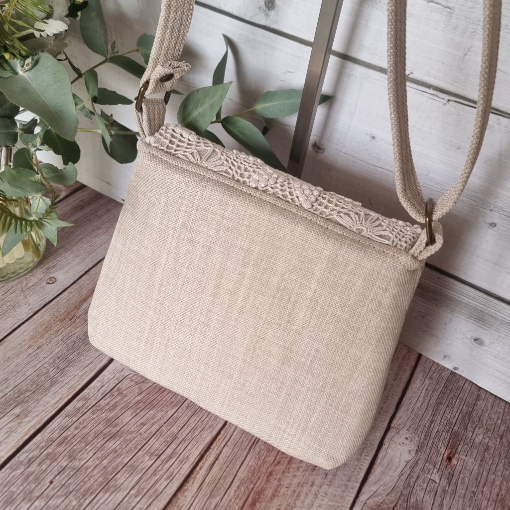 Upcycled small messenger bag - cream & vintage lace