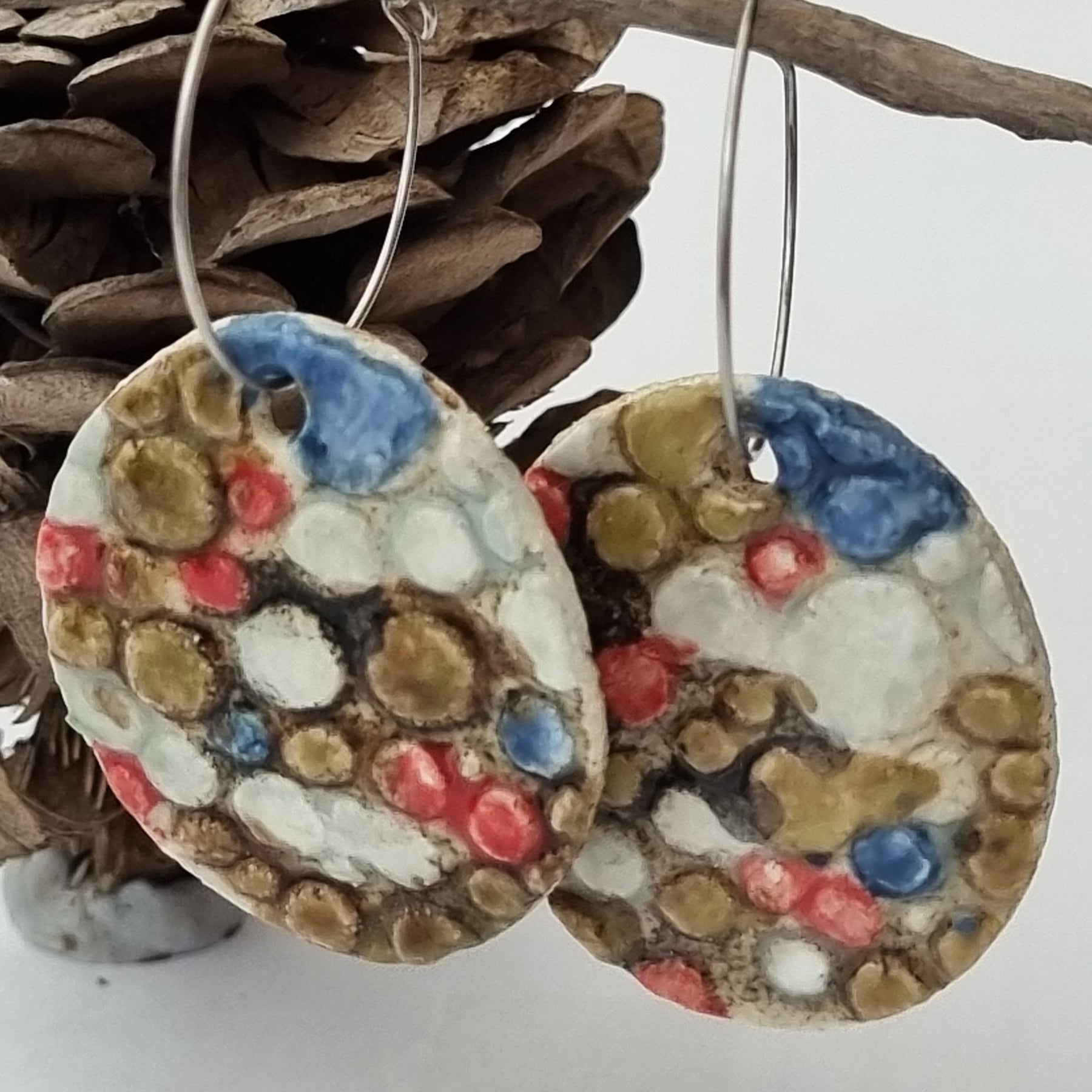 Handmade Stoneware Ceramic Earrings, pink-blue multi-coloured, 35mm diameter, pierced ears