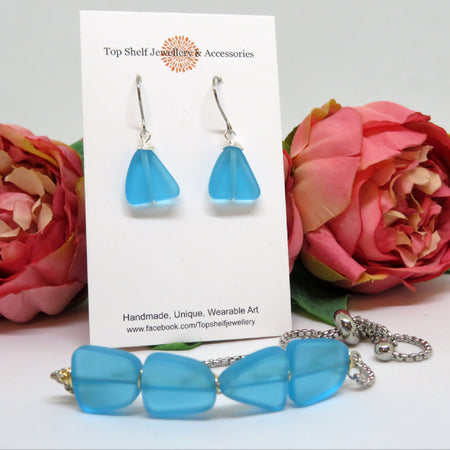 Blue Cultured Sea Glass Wire Wrapped Slider Bracelet and Earring Set