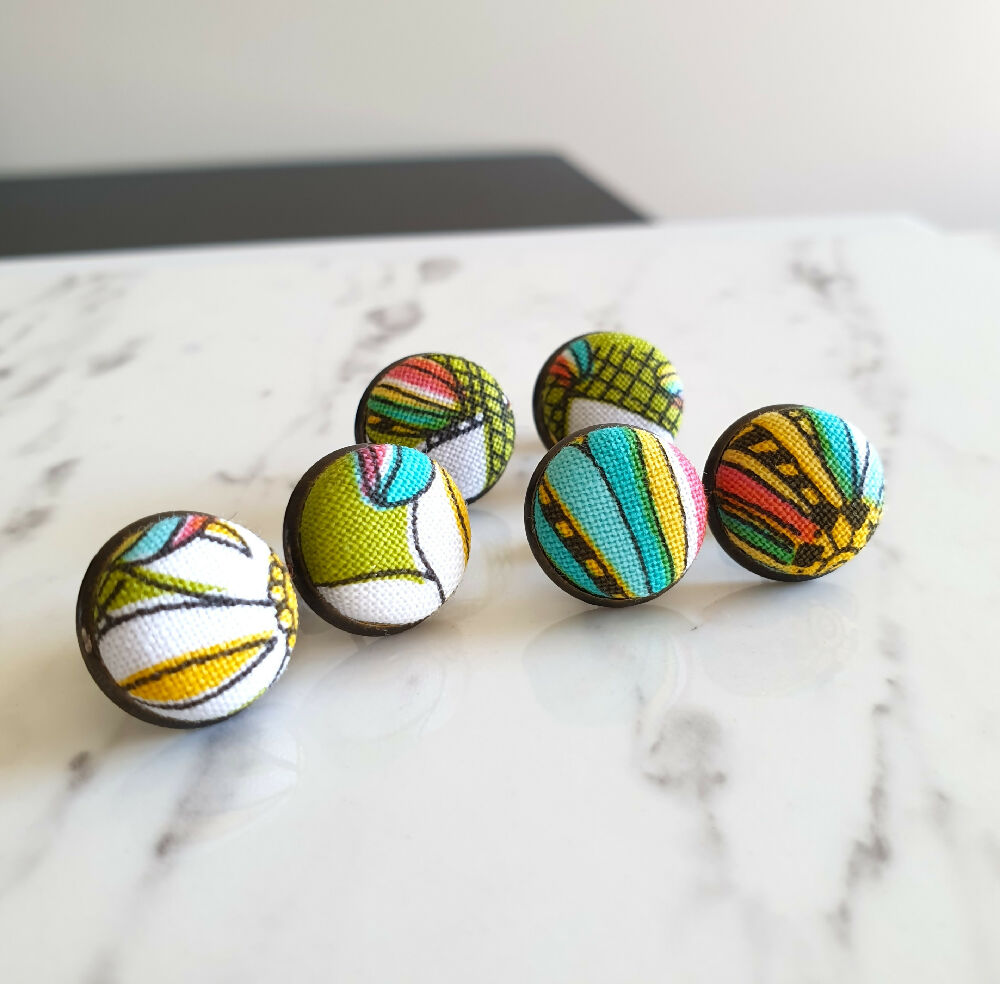 1.4cm Round Colourful Boho style cotton fabric Bronze colour Cabochon stud earrings