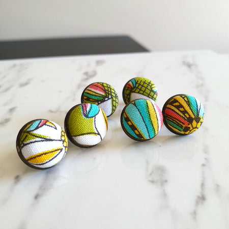 1.4cm Round Colourful Boho style cotton fabric Bronze colour Cabochon stud earrings