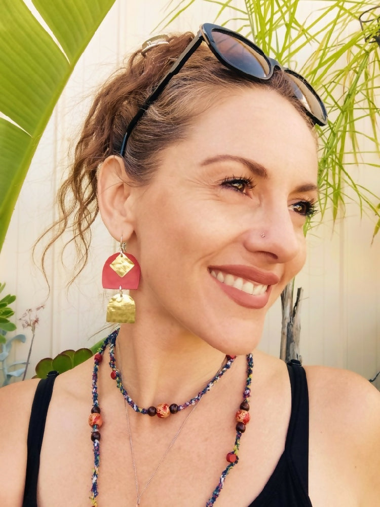 earrings red gold upcycled wearing