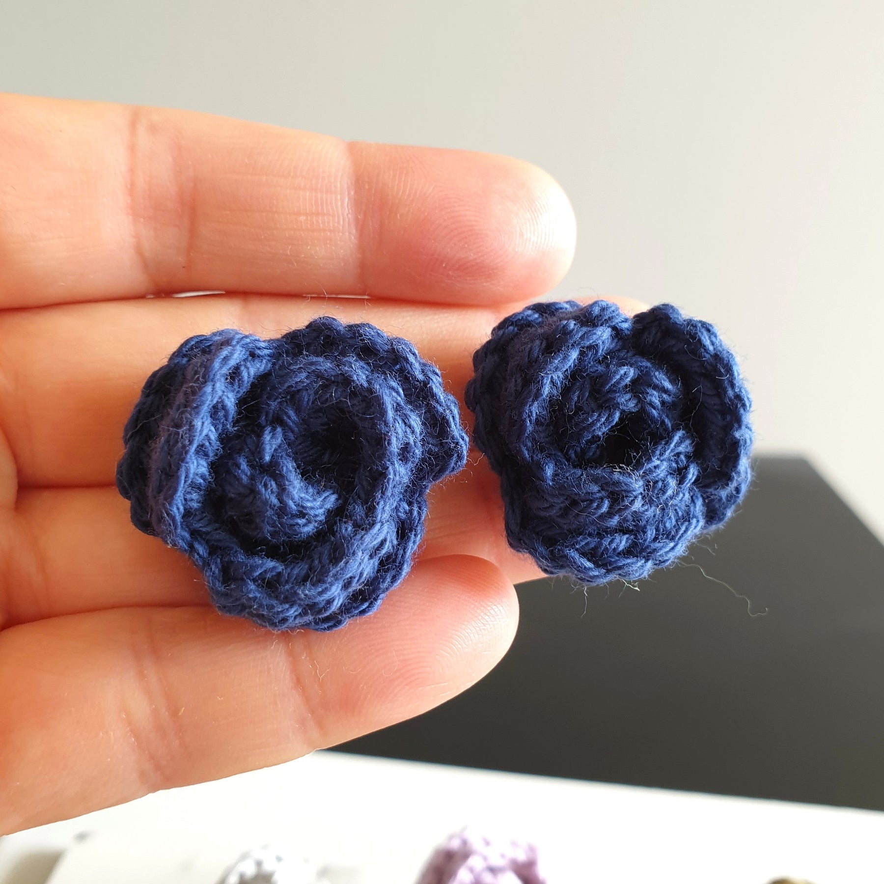 Small Hand Knitted Small Crochet Rose Flower Stud earrings : Blue White Gray
