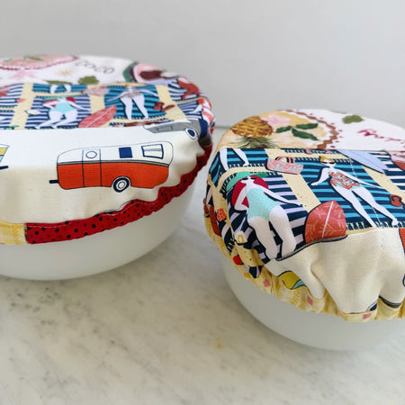 Retro caravan holiday reusable fabric bowl covers. Set of two. Proofing cloths.
