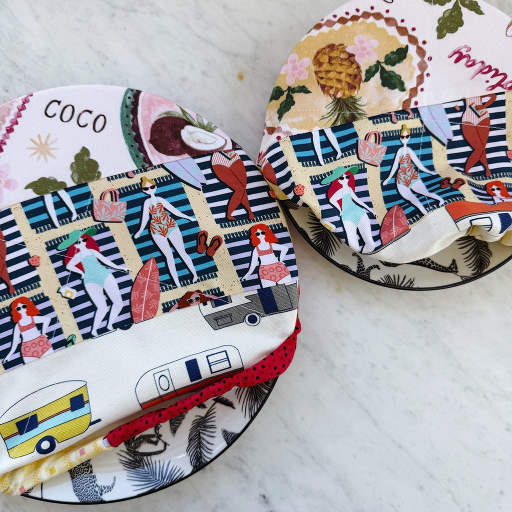 Retro caravan holiday reusable fabric bowl covers. Set of two. Proofing cloths.