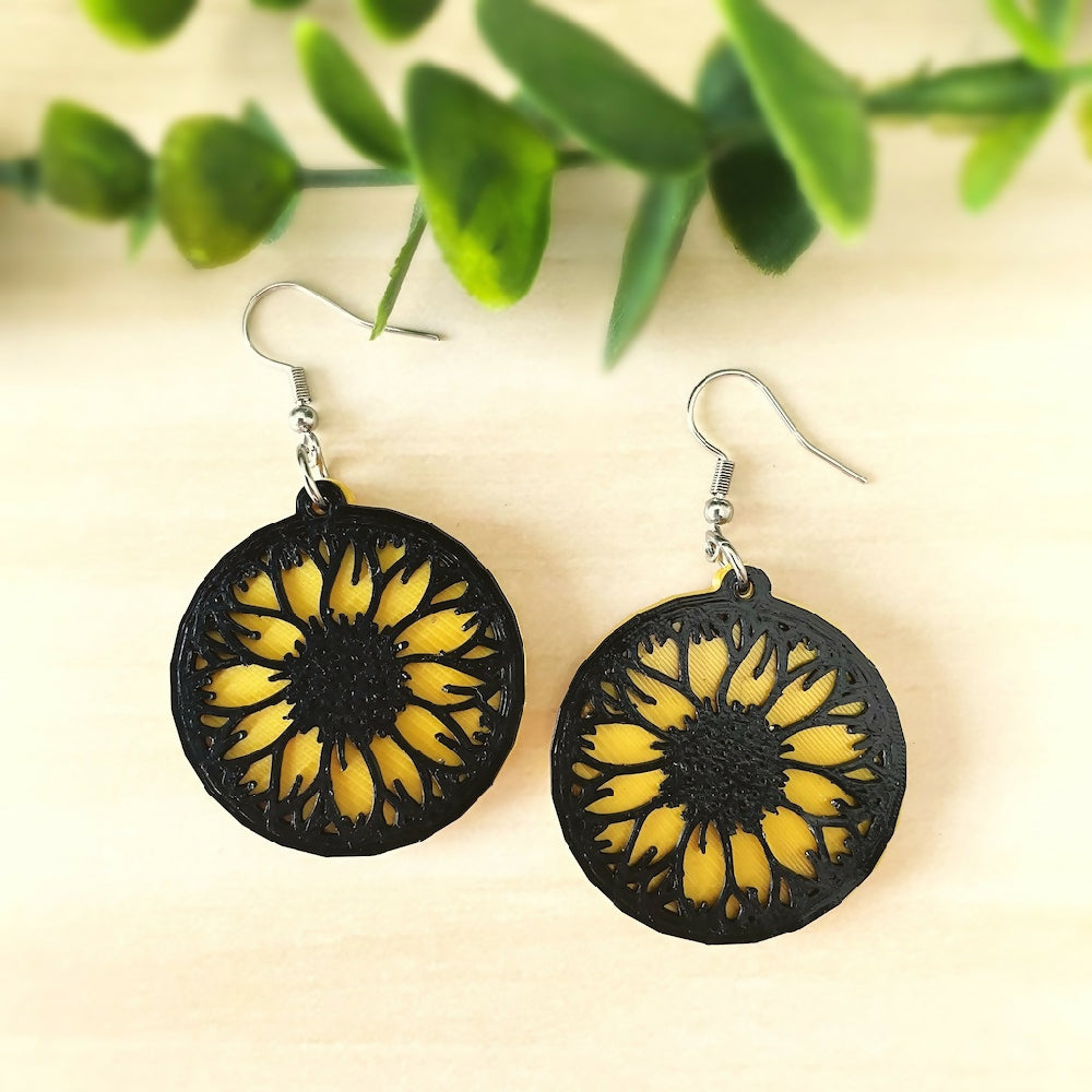 Australian-artist-handmade-jewellery-earrings-black-yellow-sunflower-earrings-round-d