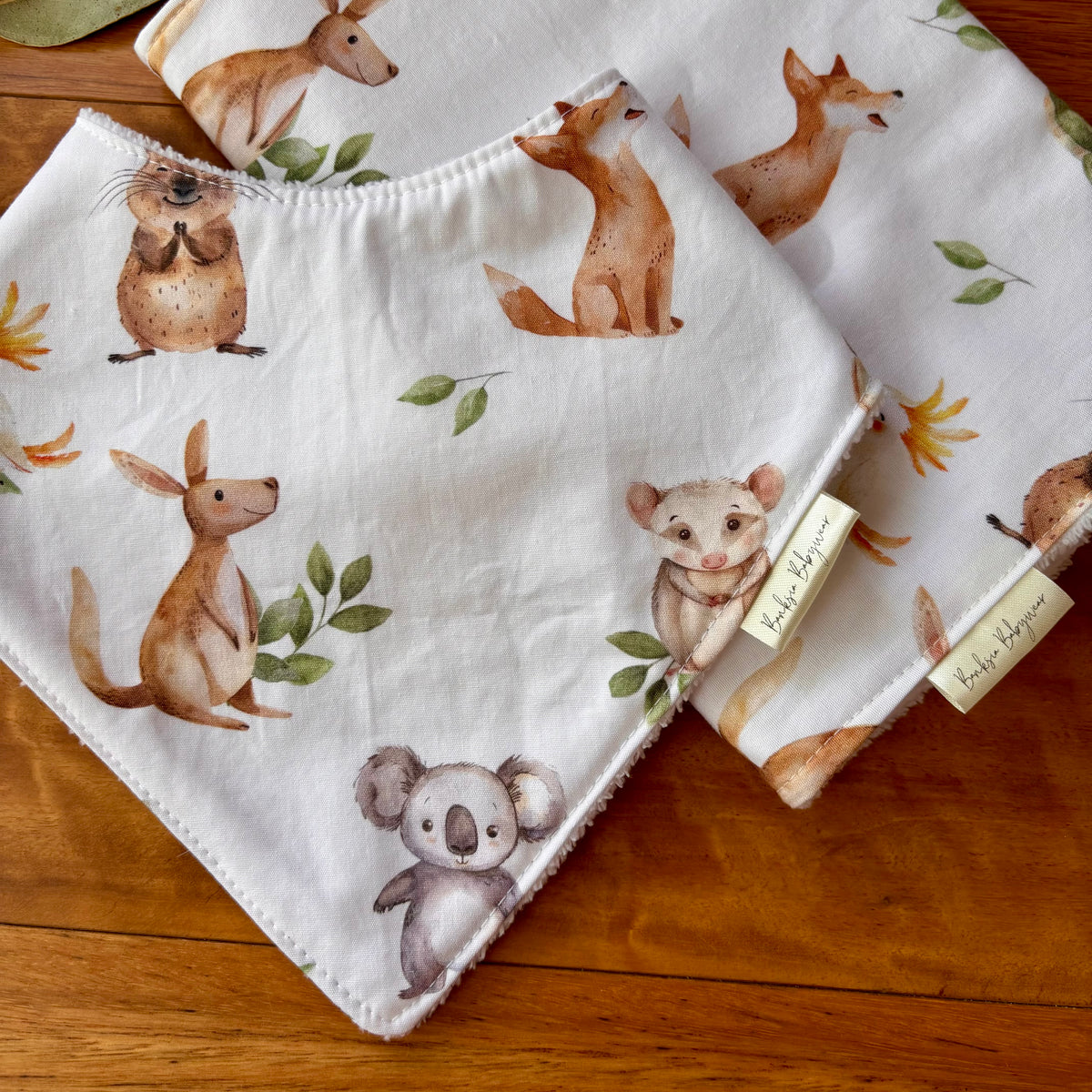 Baby Bib and Burp Cloth Set | Green and White Aussie Animals | Ready to Ship