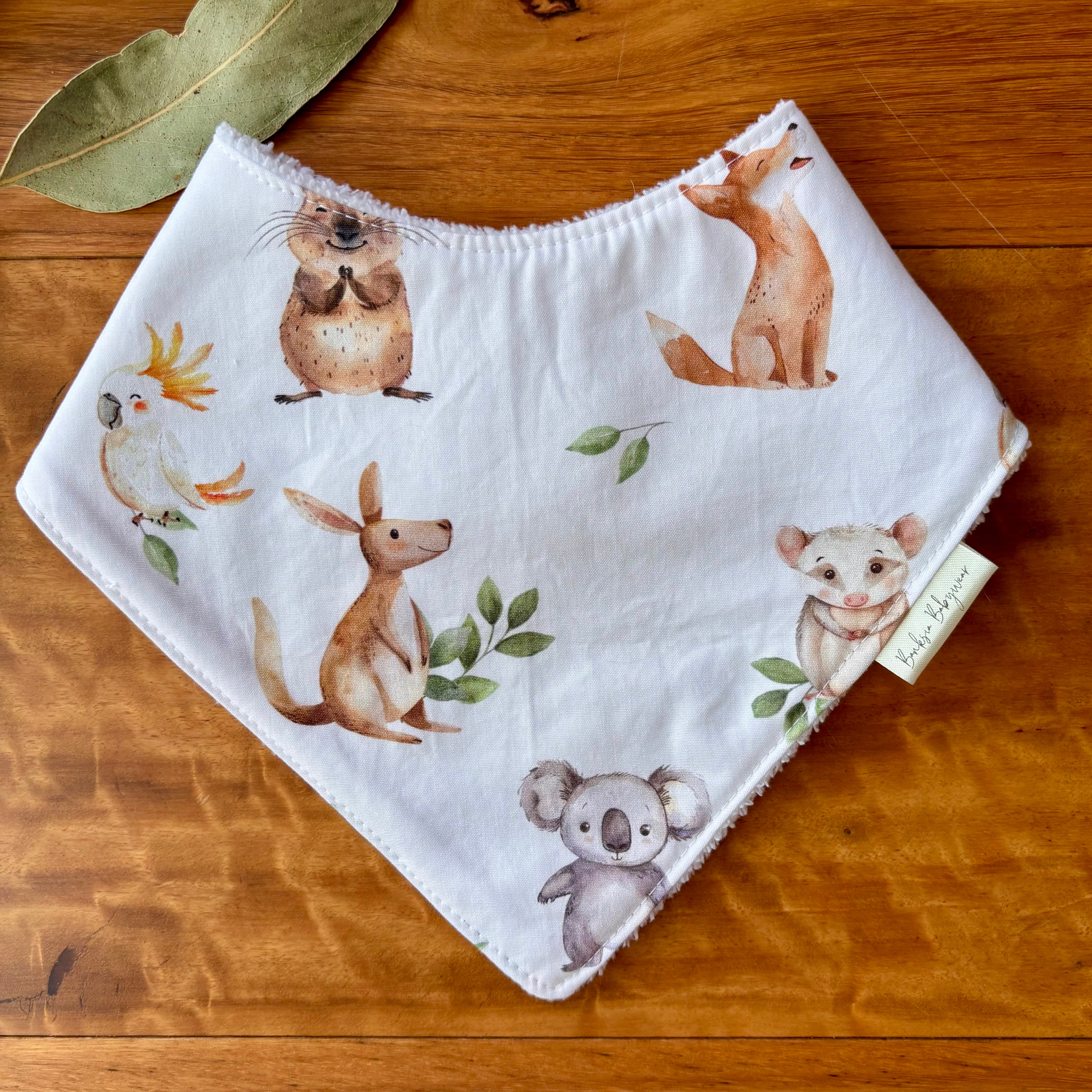 Baby Bib and Burp Cloth Set - Green and White Aussie Animals