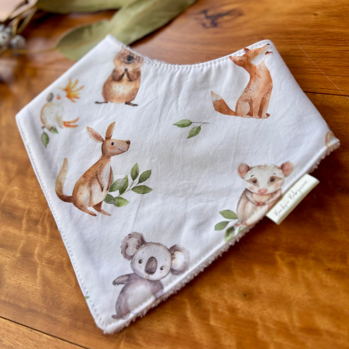 Baby Bib and Burp Cloth Set | Green and White Aussie Animals | Ready to Ship