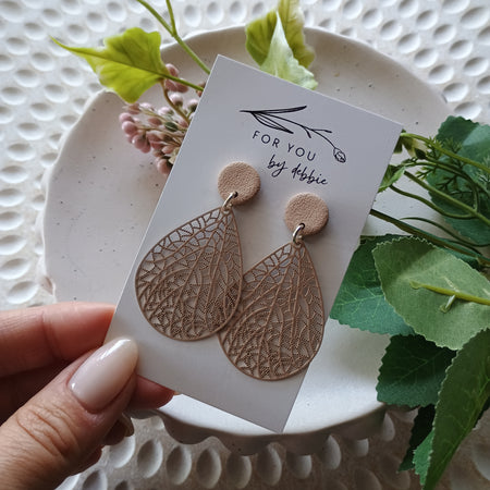 Filigree charm dangle earrings- tan