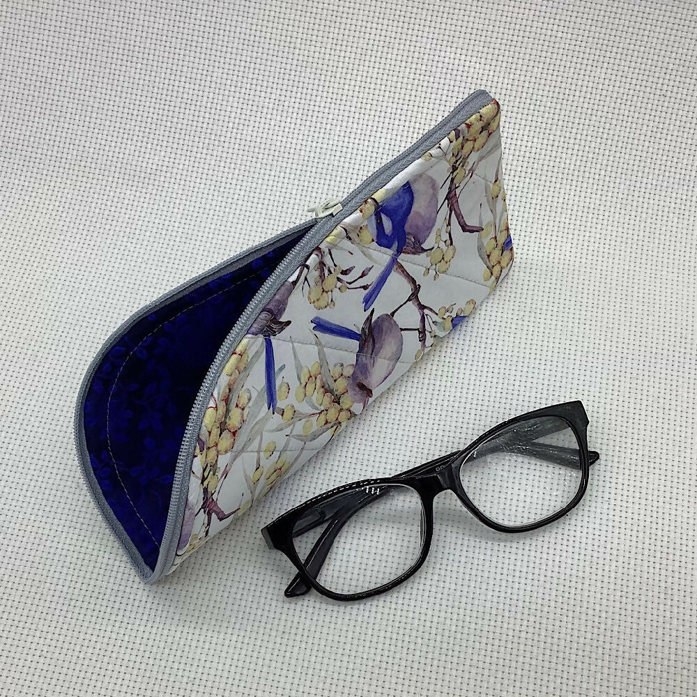 Blue wren birds Glasses Case. Fabric, padded, lightly quilted.