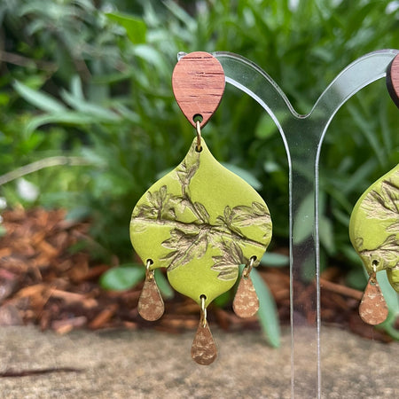 Bohemian green leaf polymer clay earrings