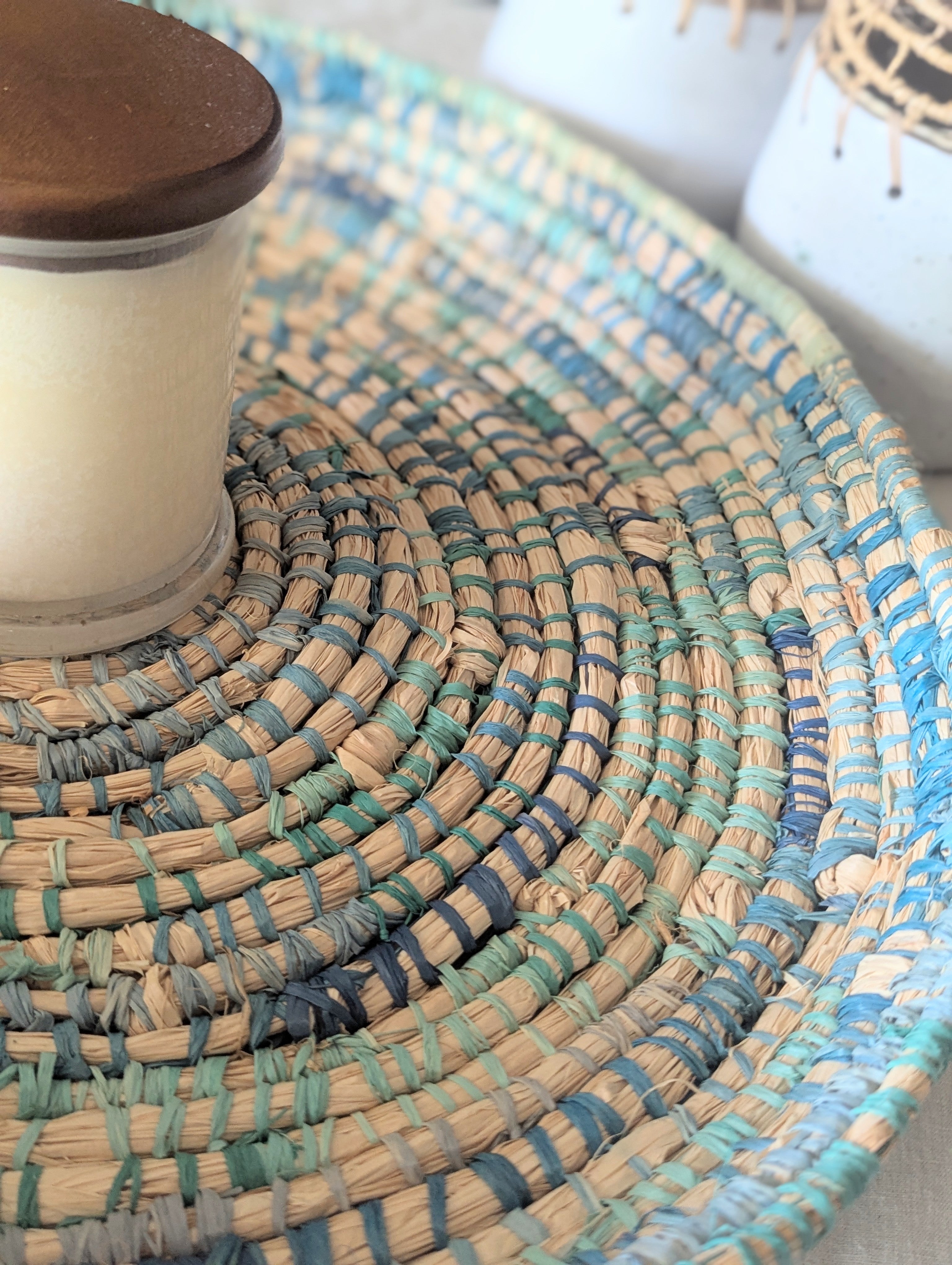 Basket in Blues & Natural  | Wall or Table | Coiled Basketry Sustainable Palm Raffia
