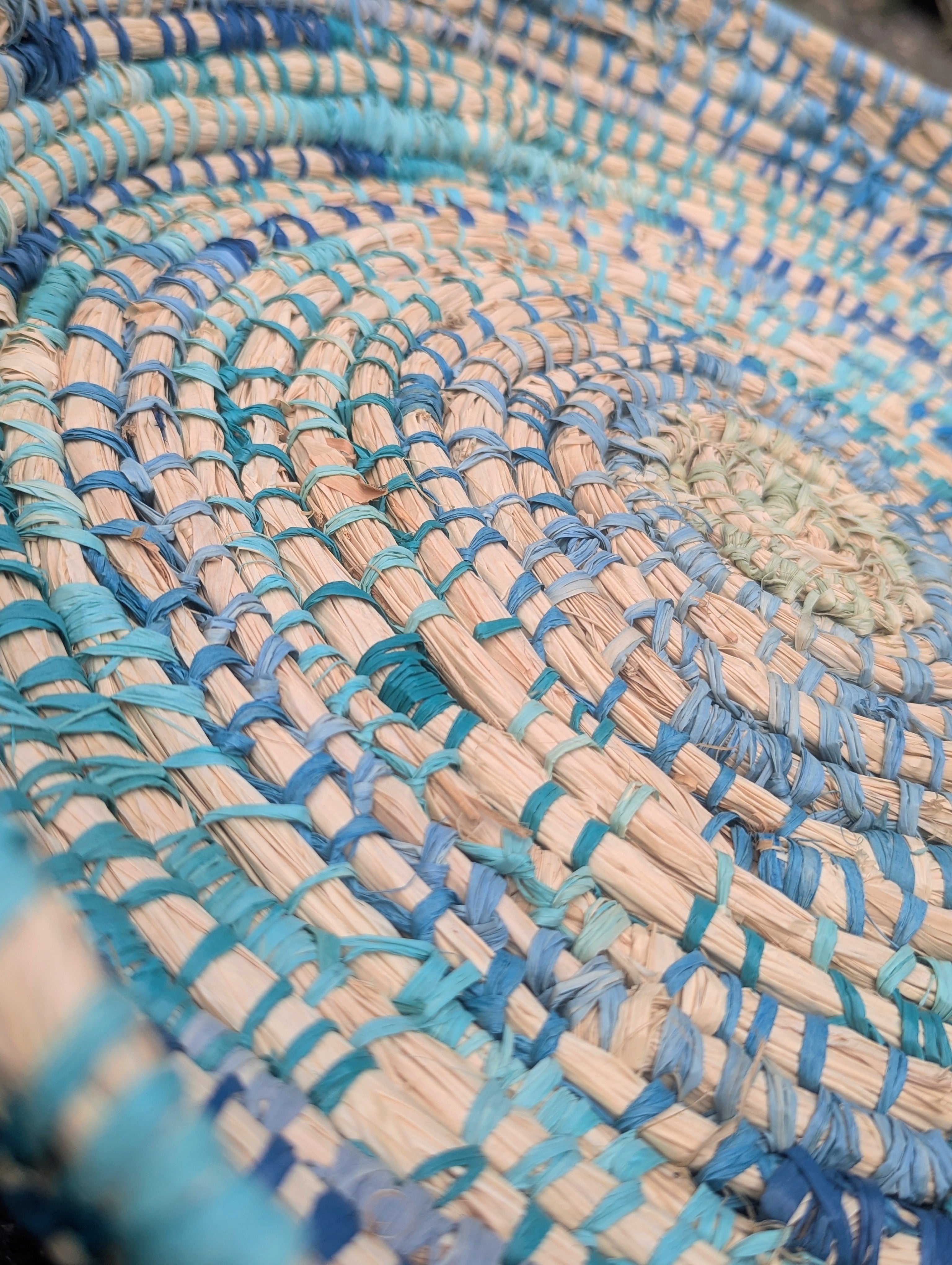 Basket in Blues & Natural  | Wall or Table | Coiled Basketry Sustainable Palm Raffia