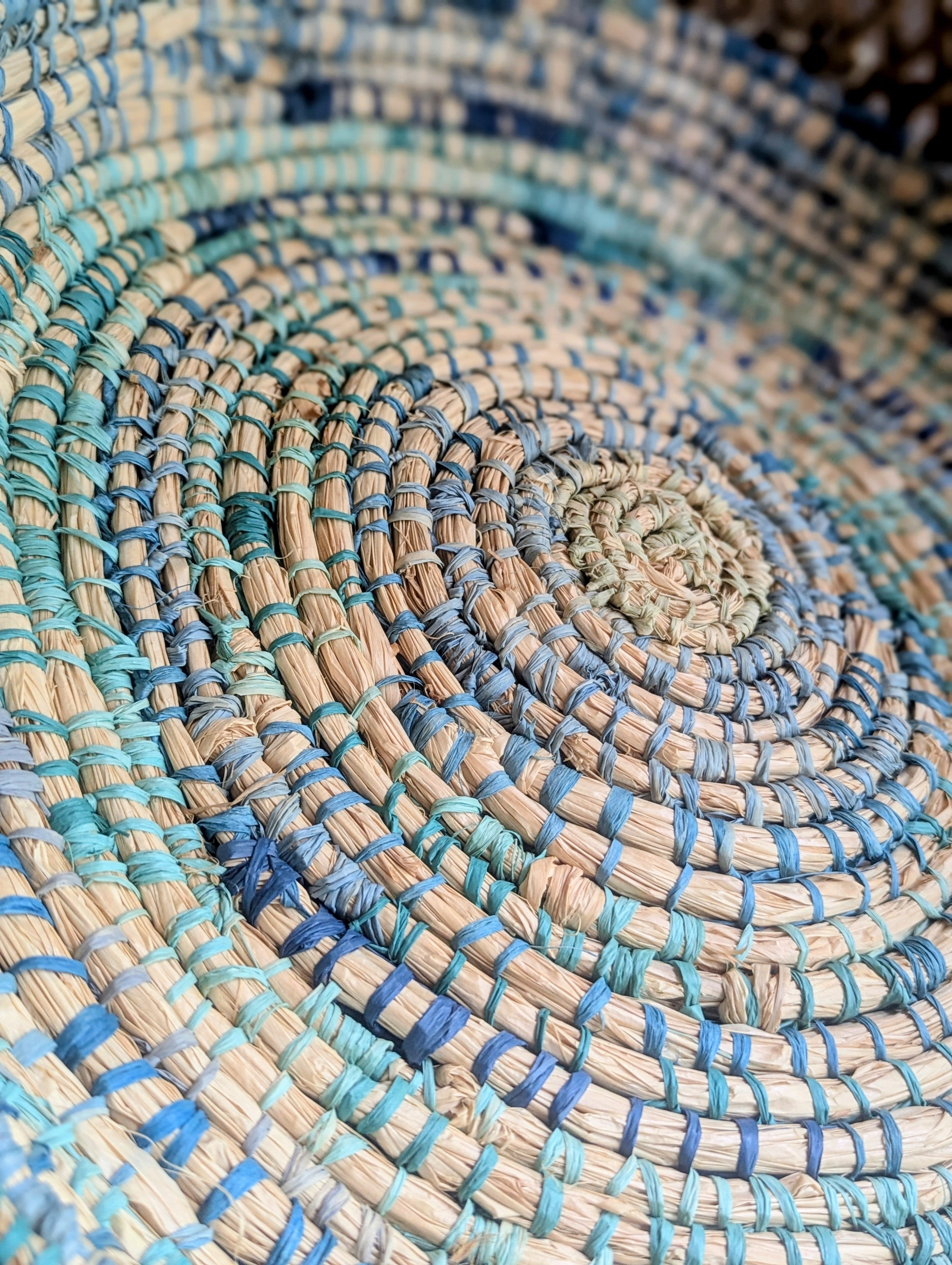 Basket in Blues & Natural  | Wall or Table | Coiled Basketry Sustainable Palm Raffia