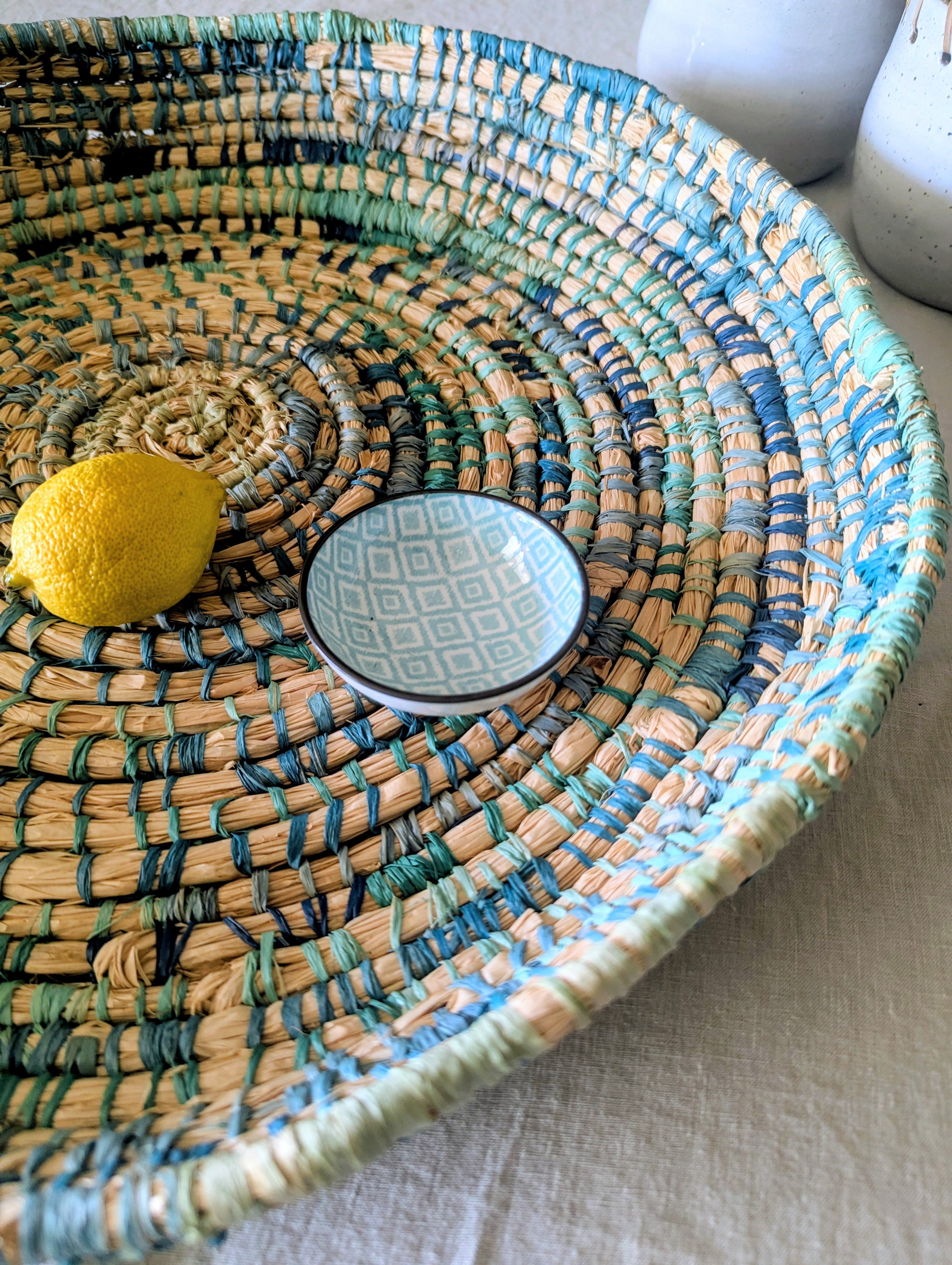 Basket in Blues & Natural  | Wall or Table | Coiled Basketry Sustainable Palm Raffia