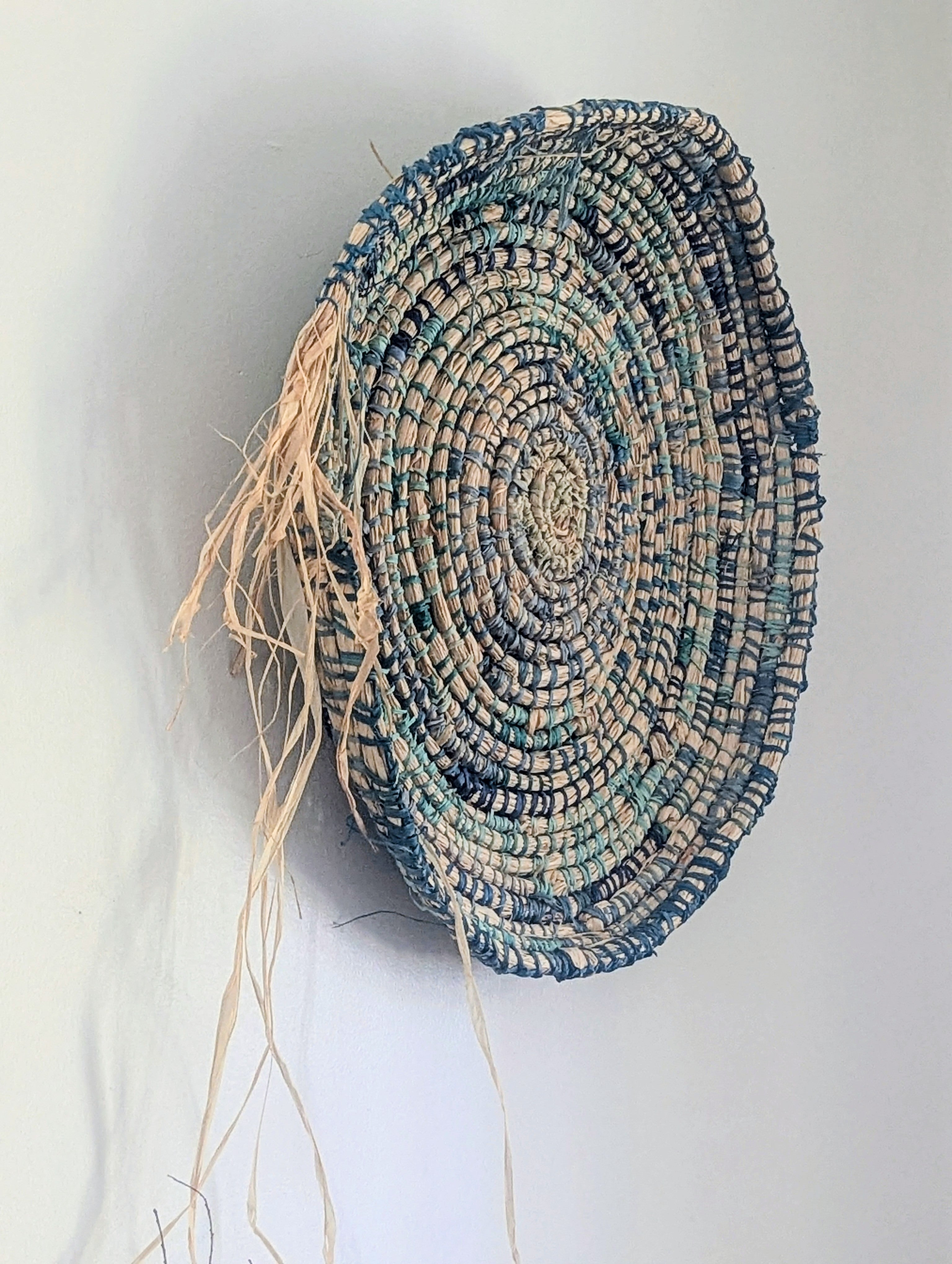 Basket in Blues & Natural  | Wall or Table | Coiled Basketry Sustainable Palm Raffia