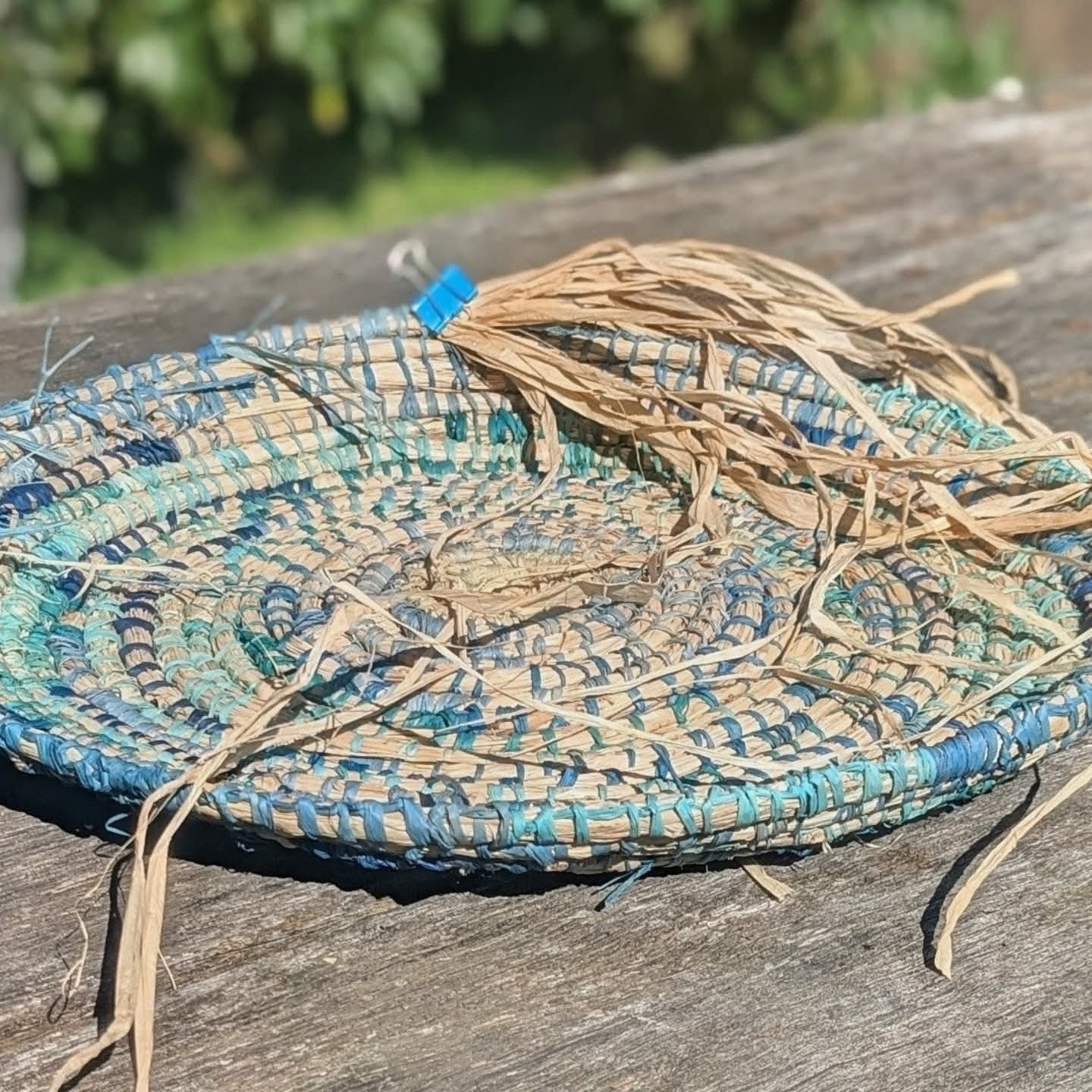 Basket in Blues & Natural  | Wall or Table | Coiled Basketry Sustainable Palm Raffia