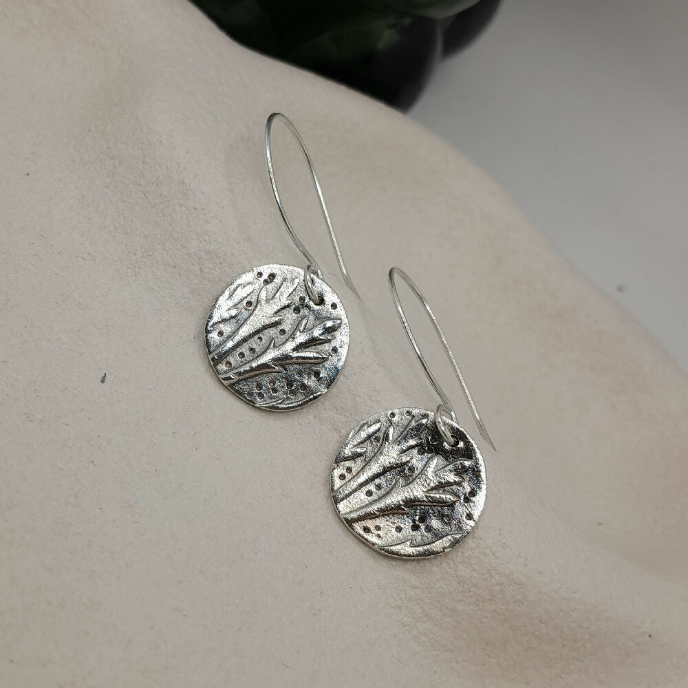 Fine silver earrings leaf imprints -handmade ear wire