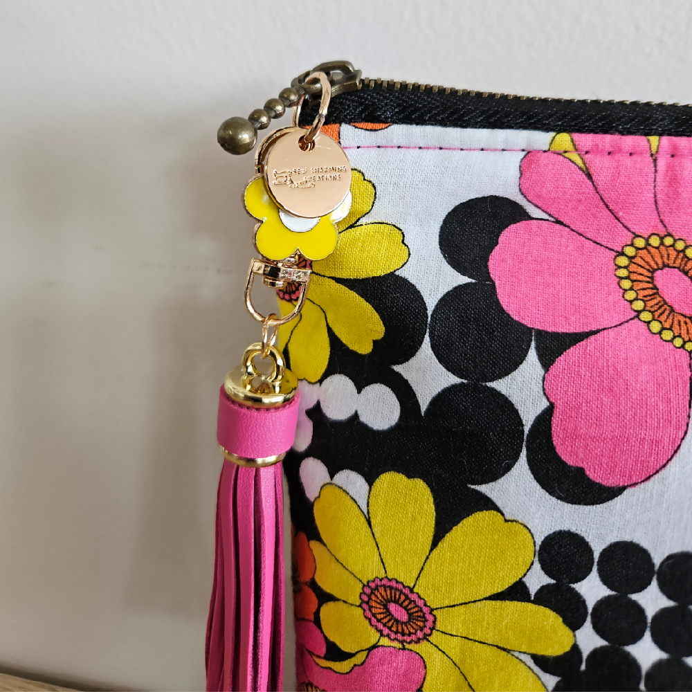 Zipper Pouch Black and Pink Retro Flower Design