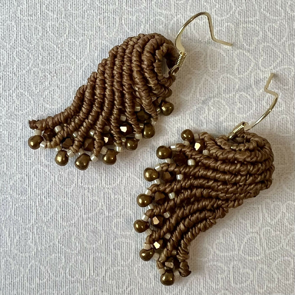 Brown Shell Micro Macrame Earrings +Free Microfibre Pouch