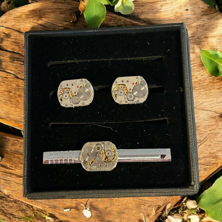 Steampunk watch movement tie clip and cufflink set  | Wedding Cufflinks