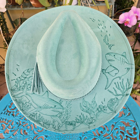 Hand burnt fedora hat - Ocean & Sharks
